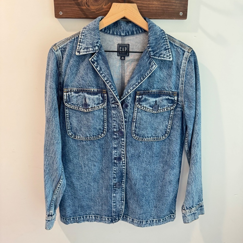 Gap Denim Shirt Jacket Medium Indigo Acid Wash Utility Chore Coat XS Shacket